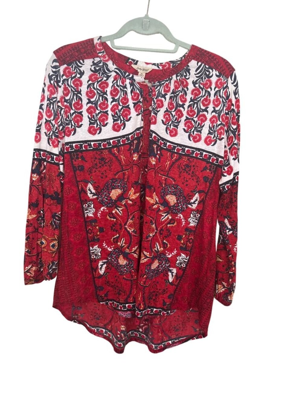 LUCKY BRAND Popover Peasant Festival Tunic Top Floral Red XL Button detail
